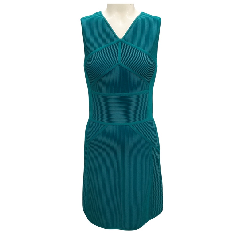 ELIE SAAB TEAL SLEEVELESS RIBBED KNIT FITTED DRESS